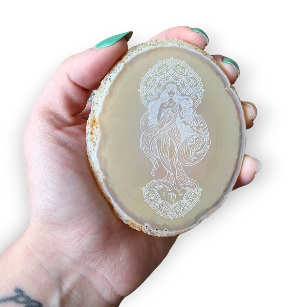 Etched Virgo Earth Goddess Agate Crystal Slice